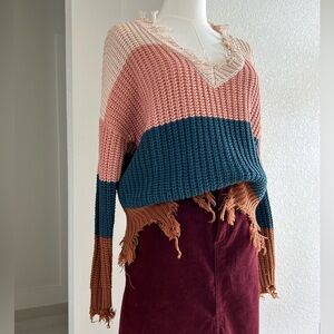 Love Tree Color Block Distressed V Neck Sweater Womens Size Small